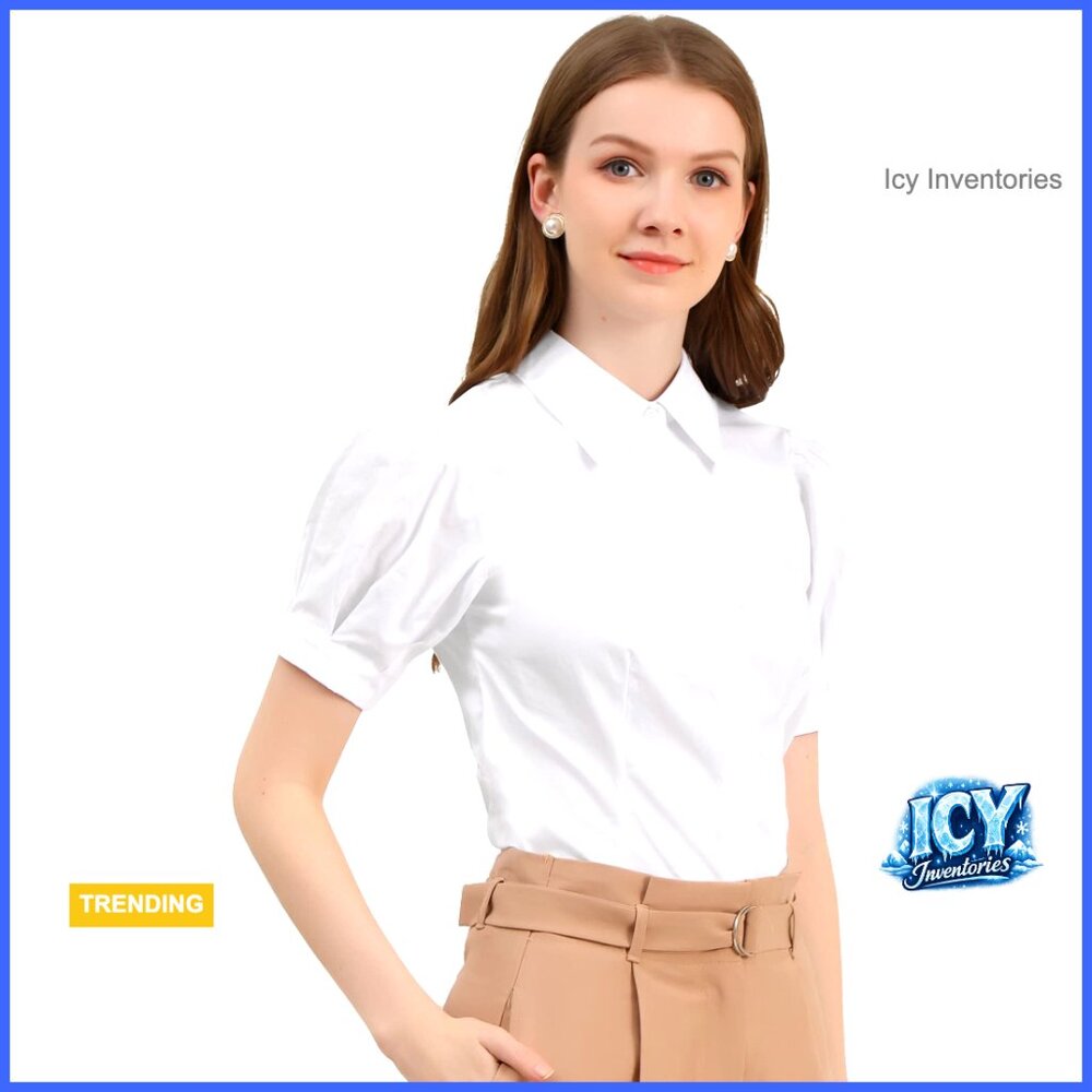 Button Down Shirt Puff Sleeve Collared Short Slee… - image 1